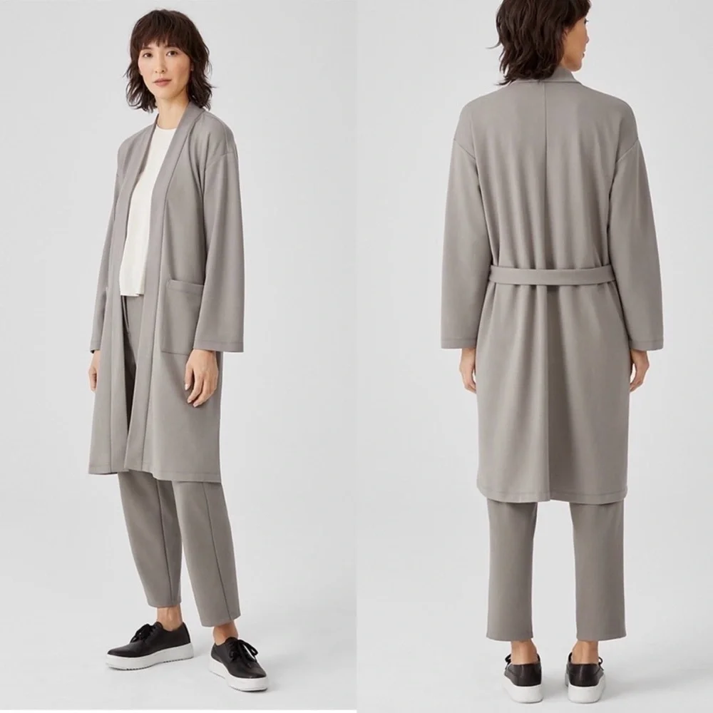 $328 NWT Eileen Fisher Medium Flex Ponte Belted Long Jacket Boxy Fit Smoke Gray